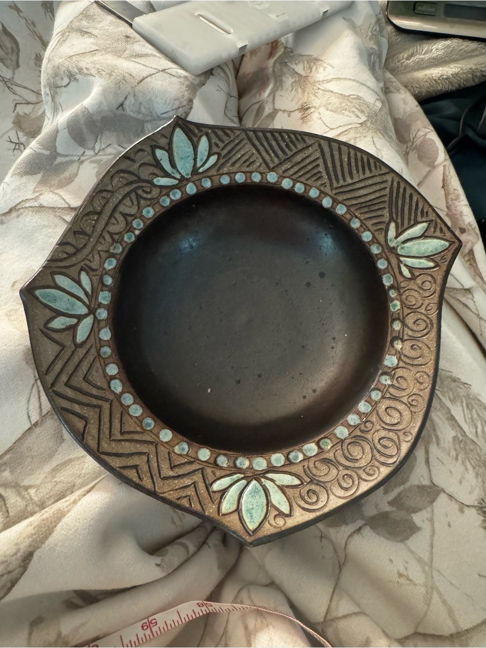 Vintage Studio Art Pottery Bowl Carved Lotus Turquoise Arts Crafts Catchall